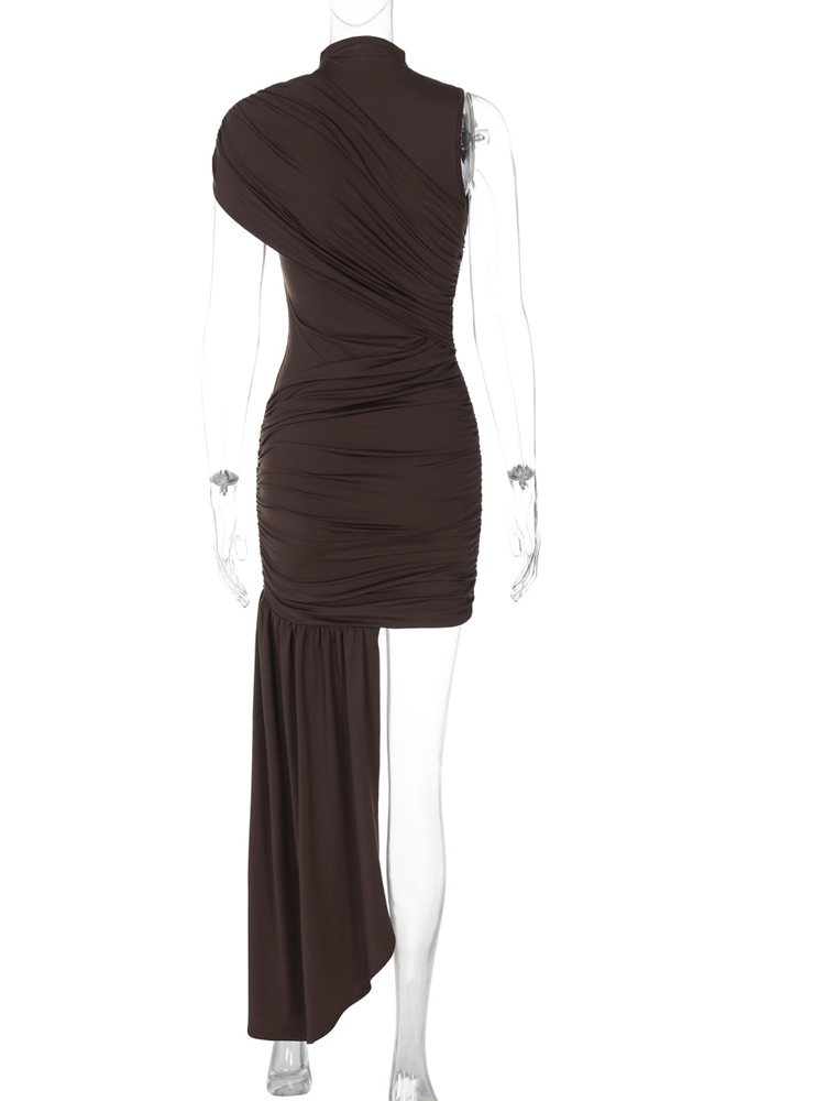 Beyprern – Mini robe drapée asymétrique marron sexy pour femmes, robe moulante unie, élégante, pour soirée, club