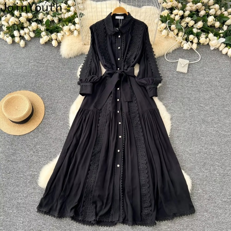 Robe en dentelle vintage à col rabattu pour femmes, manches lanterne, nœud de bandage, coupe couvertes, grande balançoire, robes maxi élégantes