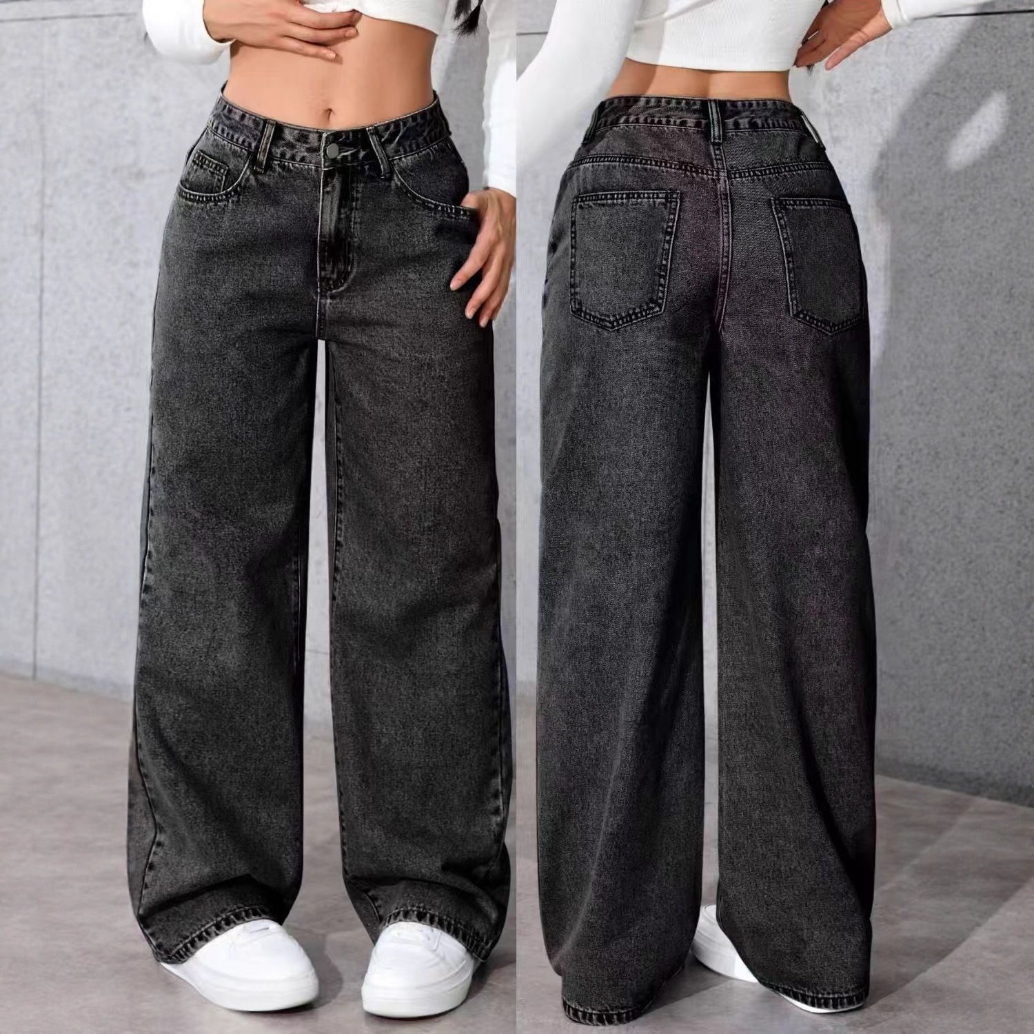 Taille : S-5XL Jeans d'été et d'automne pour femmes, coupe large, taille haute, grande taille, pantalon décontracté ample à jambe droite, pantalon large pour filles