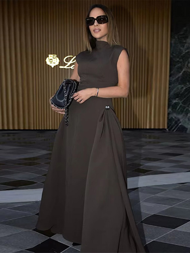 Robe Longue Élégante à Col Haut pour Femme, Chic, Couleur Unie, Plis en Fibre, Forme Trapèze Irrégulière, Tenue de Soirée, Printemps et Été, 2025