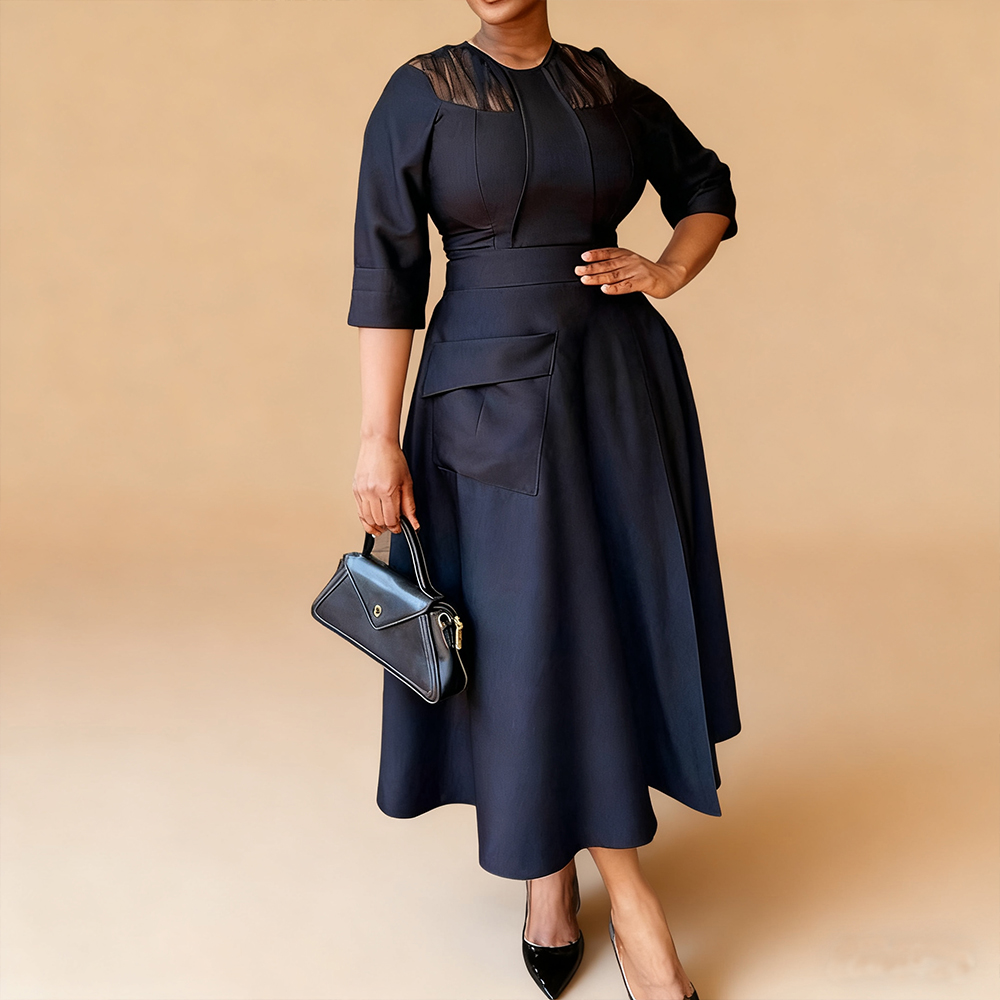 Robe noire élégante pour femmes, col rond, manches 3/4, poches, Vintage, contraste, robes mi-longues, vêtements d'automne