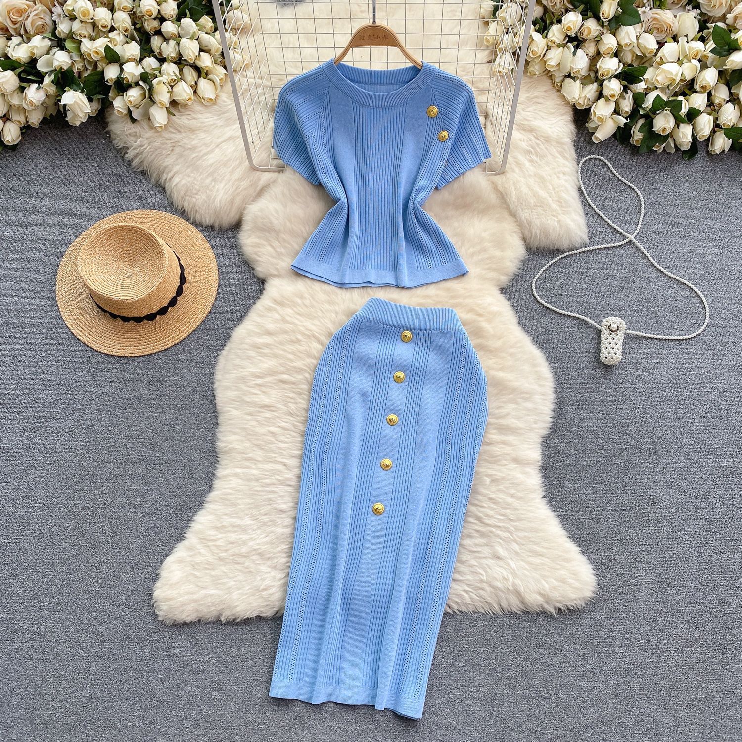 Ensemble jupe deux pièces pour femmes, robe, manches courtes, hauts tricotés, taille haute, jupes longues, épissure élégante, Streetwear Y2k, travail