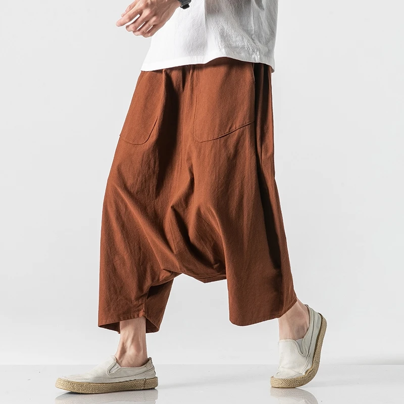 Pantalon d'été kimono vintage ample en coton et lin, nouveau pantalon décontracté pour homme, grande taille, pantalon à jambe décontractée pour homme, taille élastique, longueur mollet