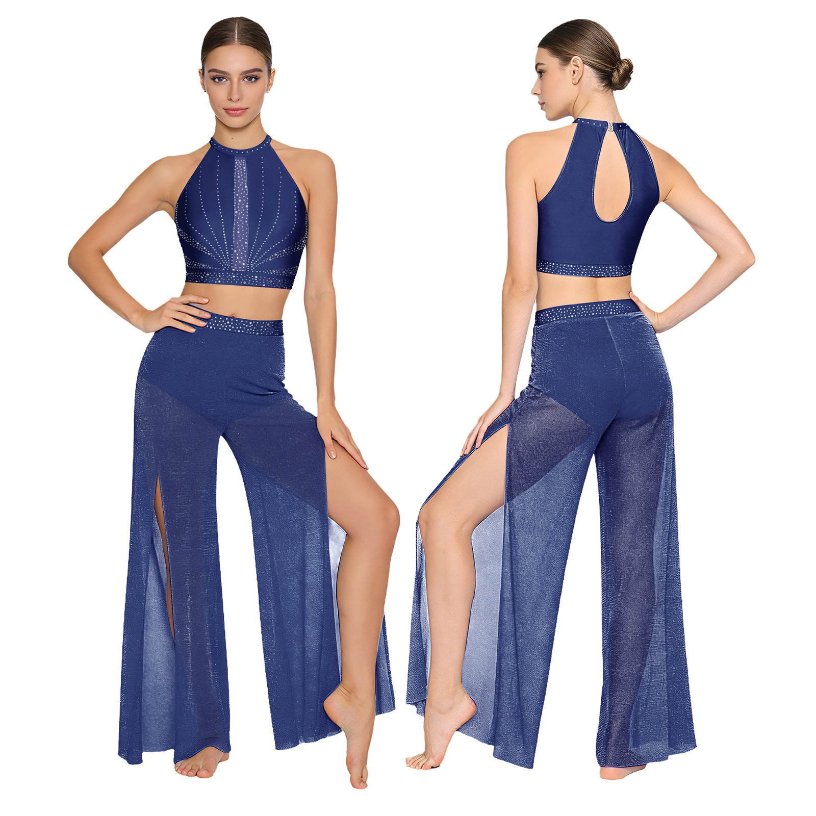 Costume de danse lyrique moderne pour femmes avec strass brillants, hauts courts et pantalons en maille transparente, tenue de danse, patinage, gymnastique, acrobaties