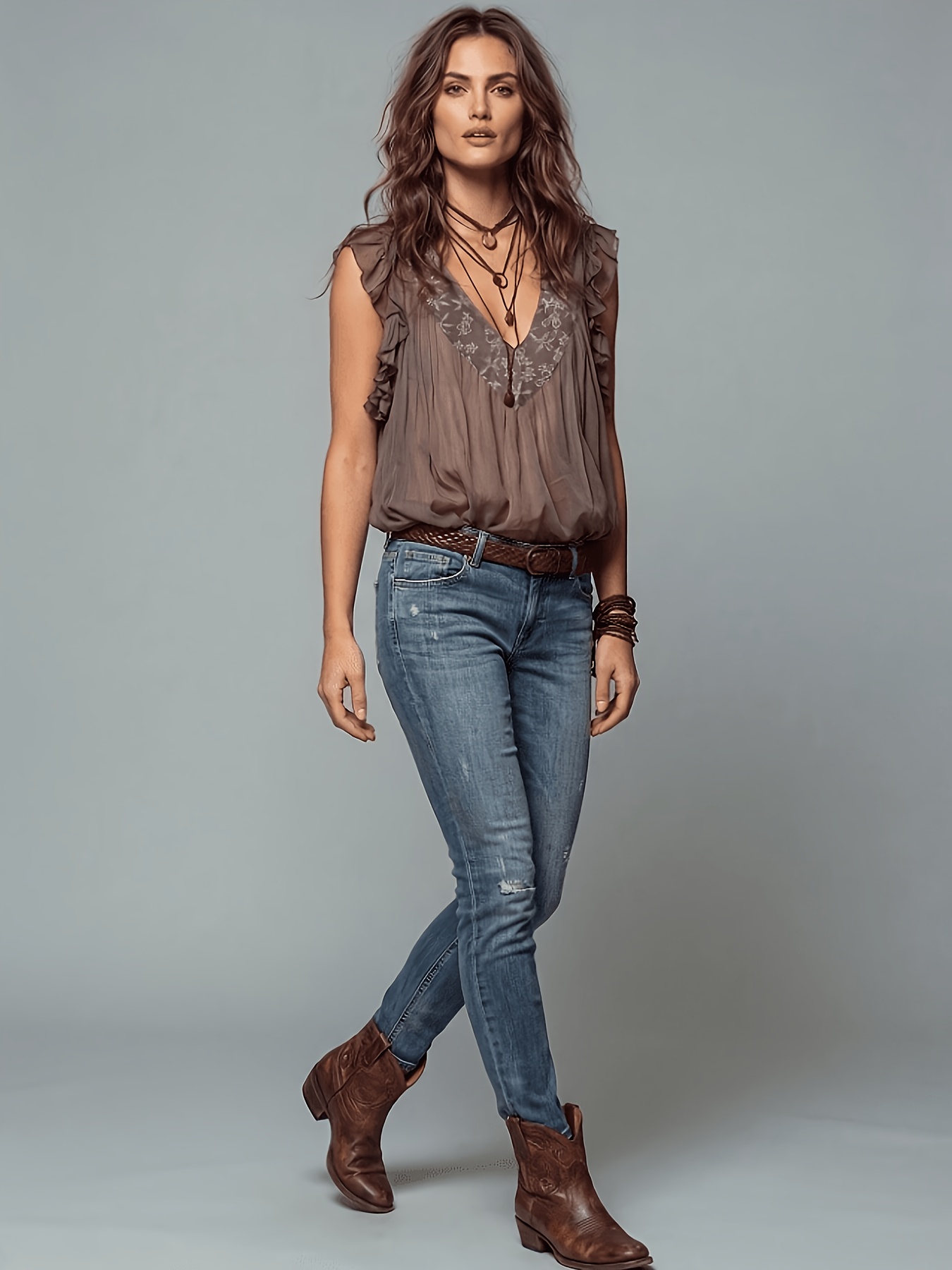 Chemisier vintage à manches à volants pour femmes, haut brodé floral à col en V, chemise ample décontractée sans manches pour l'été