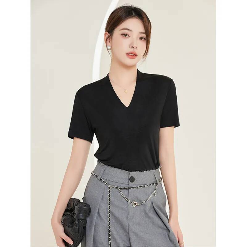 T-shirt sans couture Mulberry pour femme, double couche, col en V, manches courtes, doux, été