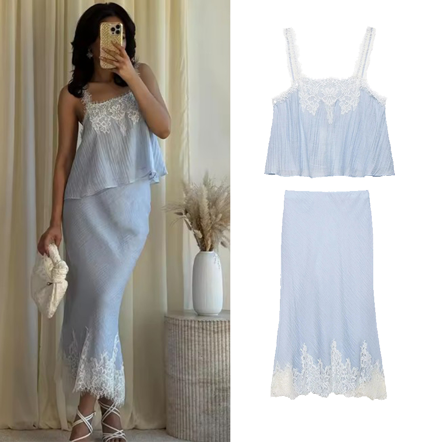 Ensemble jupe chic et sexy pour femme, avec haut en dentelle et jupe longue droite, idéal pour les vacances, la mode printemps-été et la plage