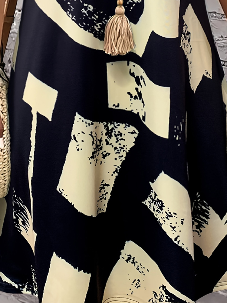 Robe d'été à imprimé abstrait pour femmes, col en V, manches courtes, tenues de vacances idéales pour femmes, robe fluide d'été, indispensable pour l'été