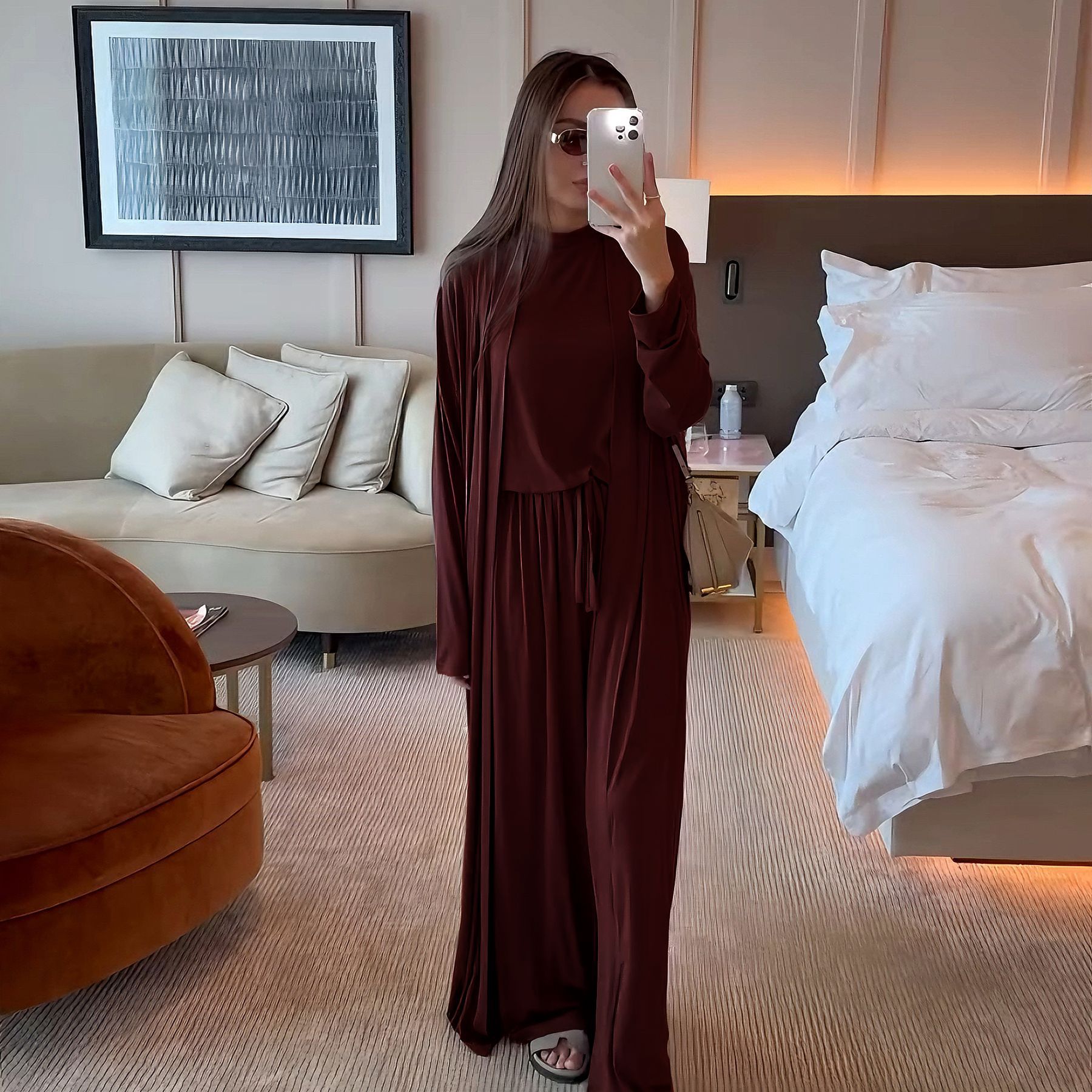 Musulman 3 pièces Ensemble femmes Cardigan chemise jambe large pantalon chemisier haut costume Musulman Ensemble dubaï décontracté Femme tenues solide décontracté