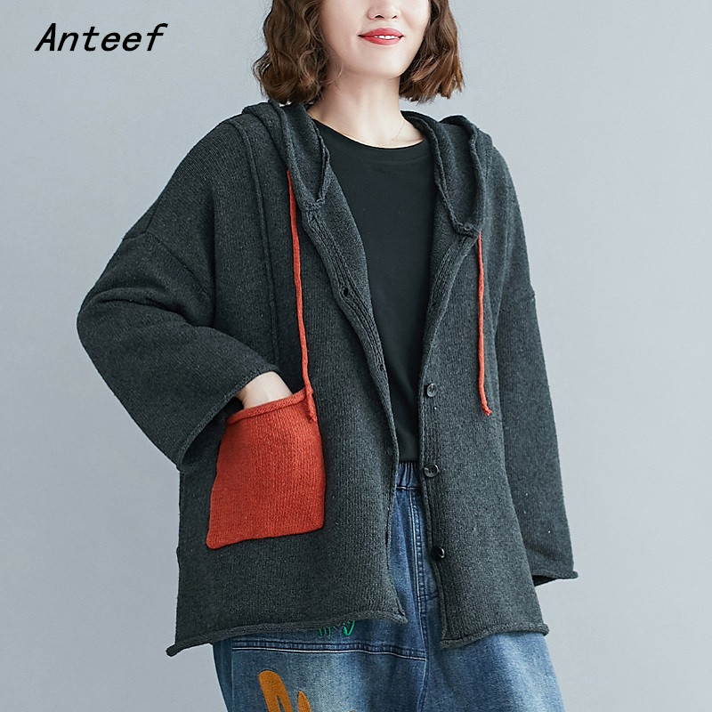 Cardigan ample à capuche en coton tricoté style vintage pour femme, collection automne 2026