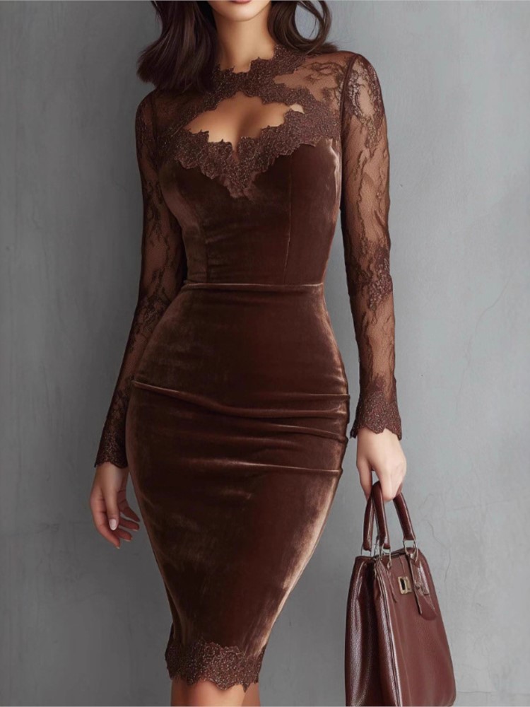 Robe mi-longue en velours pour femmes, élégante, en dentelle, à manches longues, ajourée, moulante, nouvelle collection automne-hiver, robe de soirée formelle, style crayon.