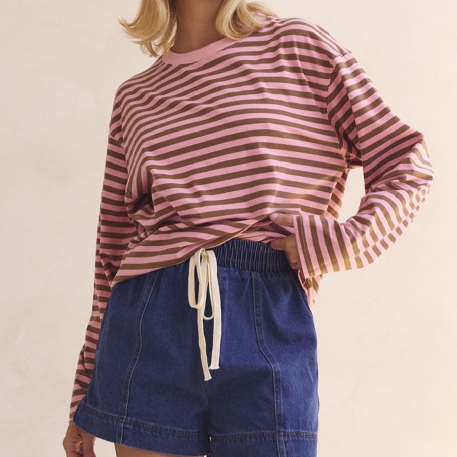 T-shirt décontracté à manches longues pour femmes, haut rayé rose et marron, hauts de sortie élégants, légers et confortables pour l'automne