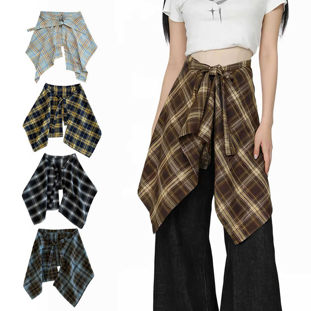Jupe cache-hanches à carreaux, jupe à taille nouée irrégulière, jupe à carreaux avec ceinture, jupe superposée, accessoires de style streetwear Y2K.