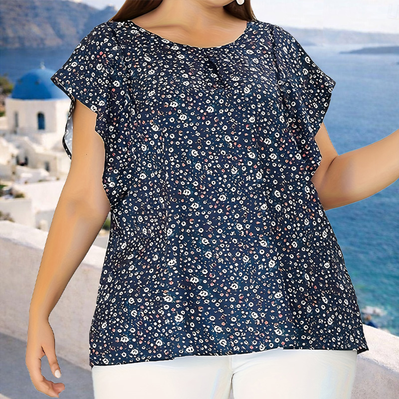 Chemisier à manches courtes à col rond et imprimé floral pour femme, taille plus, élégant, avec manches à volants, tendance estivale, décontracté