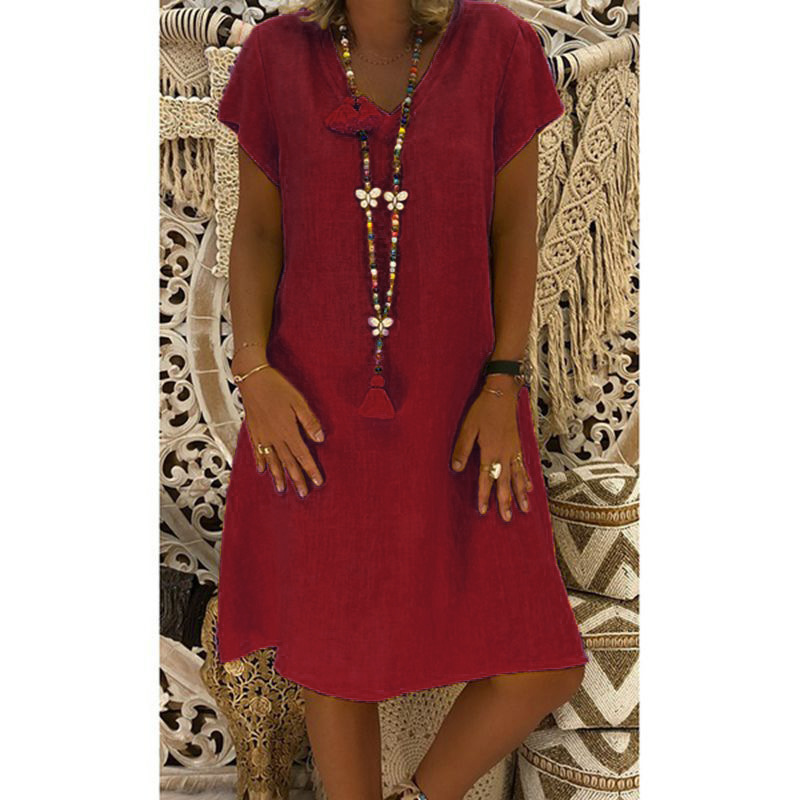 Robe décontractée polyvalente à manches courtes et col en V, disponible en huit tailles et onze couleurs, couleur unie, très populaire