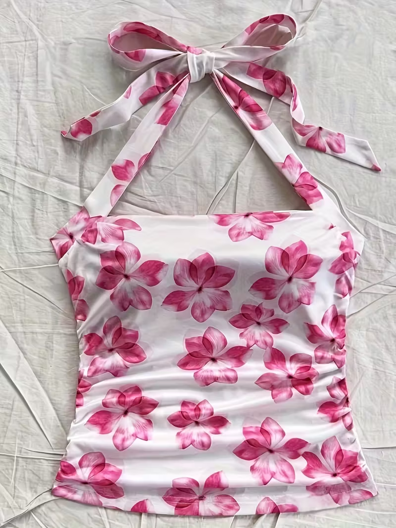 Top court d'été pour femmes, débardeur à fleurs roses, adapté aux filles au style vacances