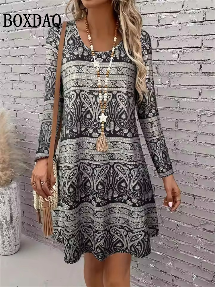 Vêtements pour femmes automne femmes rétro fleurs robe été Vintage casual mode à manches longues Floral 3D imprimé robes amples 2025