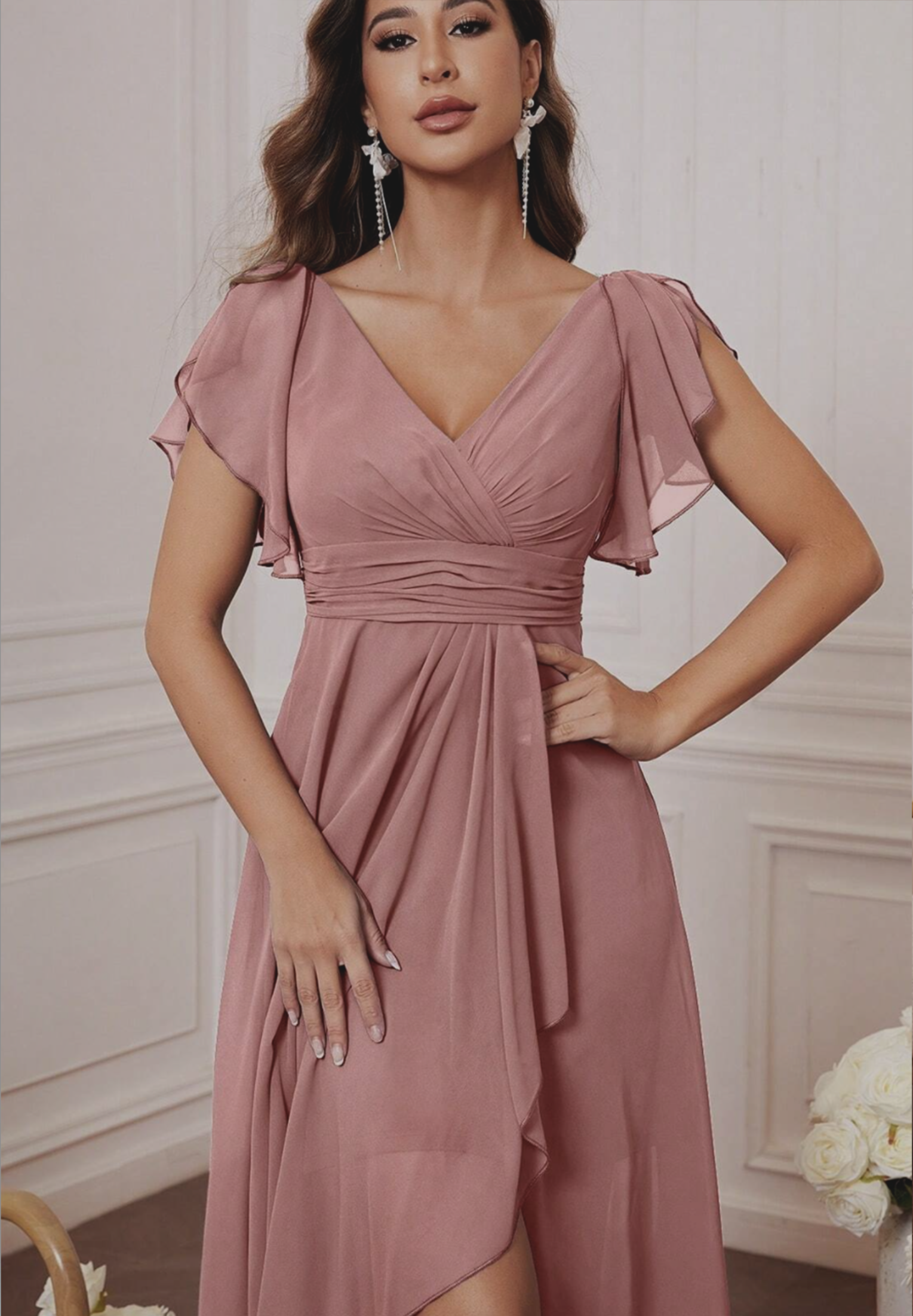 Robe en mousseline à col en V, manches en forme de feuille de lotus, taille haute, plissée, jupe fluide, robe de demoiselle d'honneur, longue robe de soirée de style français