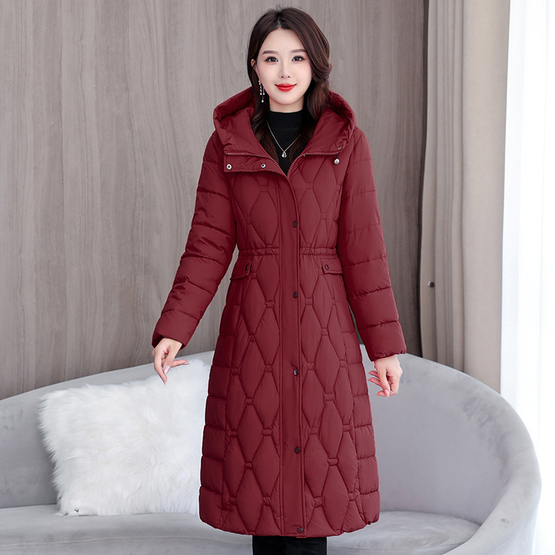 2025 mode hiver manteaux longs Parkas femmes vers le bas coton rembourré veste épaissir chaud pardessus diamant Texture vêtements d'extérieur à capuche