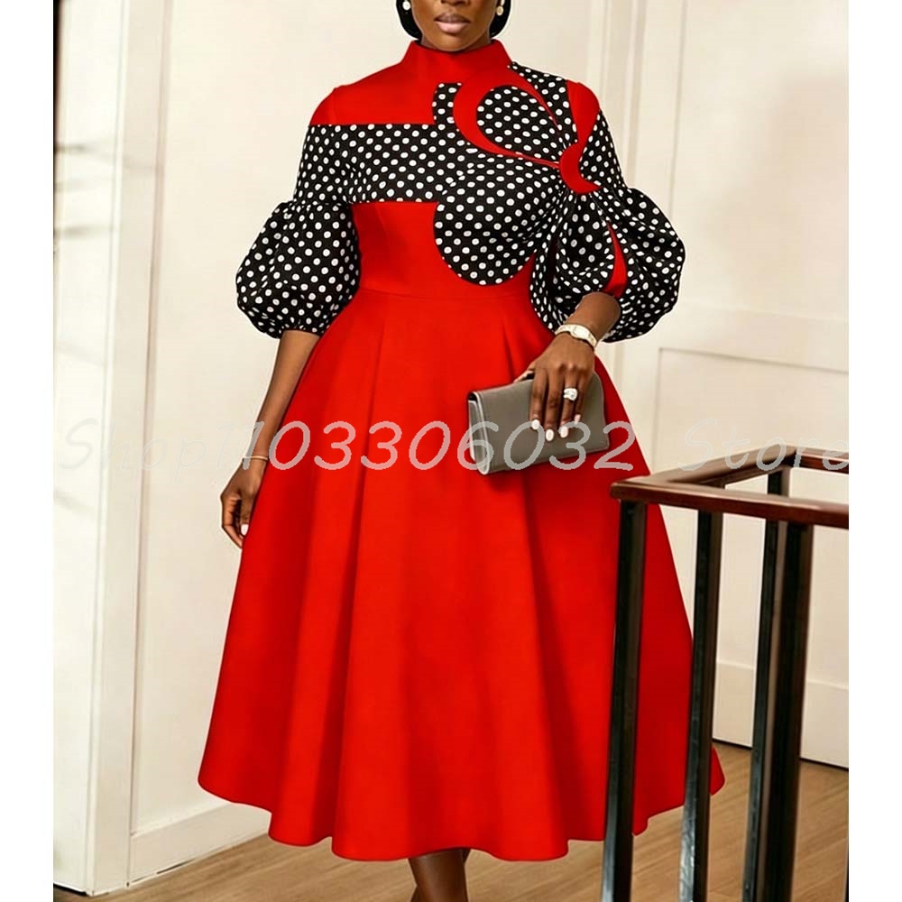 Robe midi femme rouge et noire à pois, col montant, manches bouffantes, taille cintrée, coupe trapèze, décontractée pour le quotidien et les fêtes