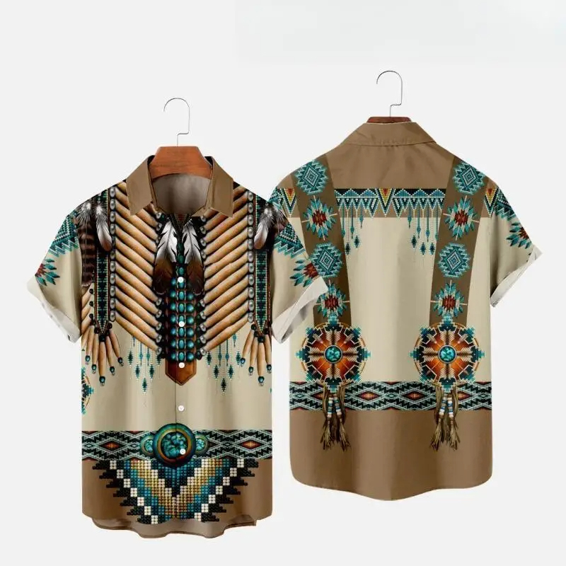 Chemises de plage imprimées en 3D pour hommes et femmes, style ethnique indien, streetwear vintage, chemise à manches courtes, chemisier en Y, vêtements pour hommes, mode
