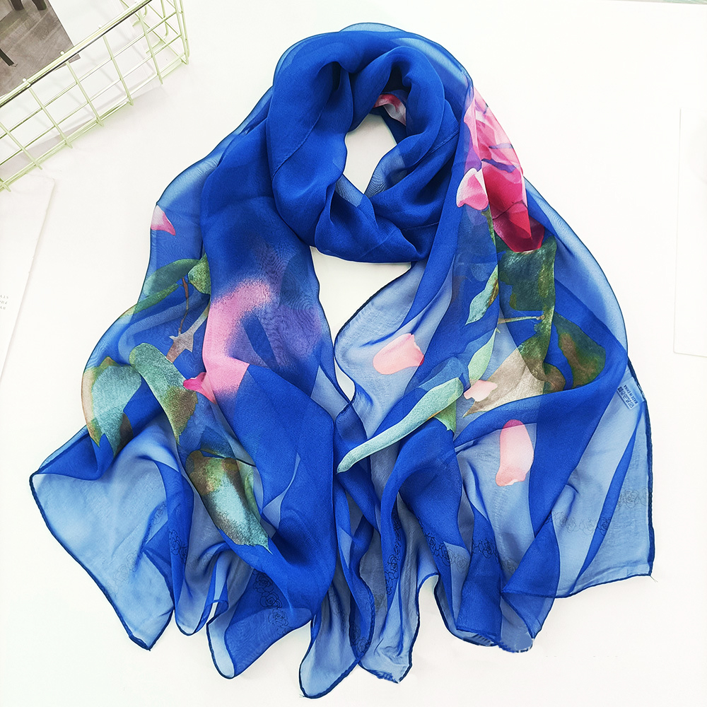 Écharpe en mousseline de soie georgette pour femme, châle long et fin, foulard rond doux, écharpes de plage, foulard féminin, imprimé fleur rose, mode