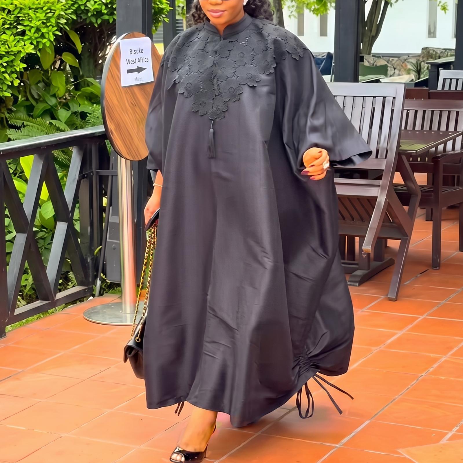 Robe Kaftan Bubu Élégante pour Femme avec Dentelle et Patchwork, Col Montant, Manches Chauve-Souris, Cordon de Serrage – Idéale pour Église, Fêtes et Occasions Spéciales Traditionnelles