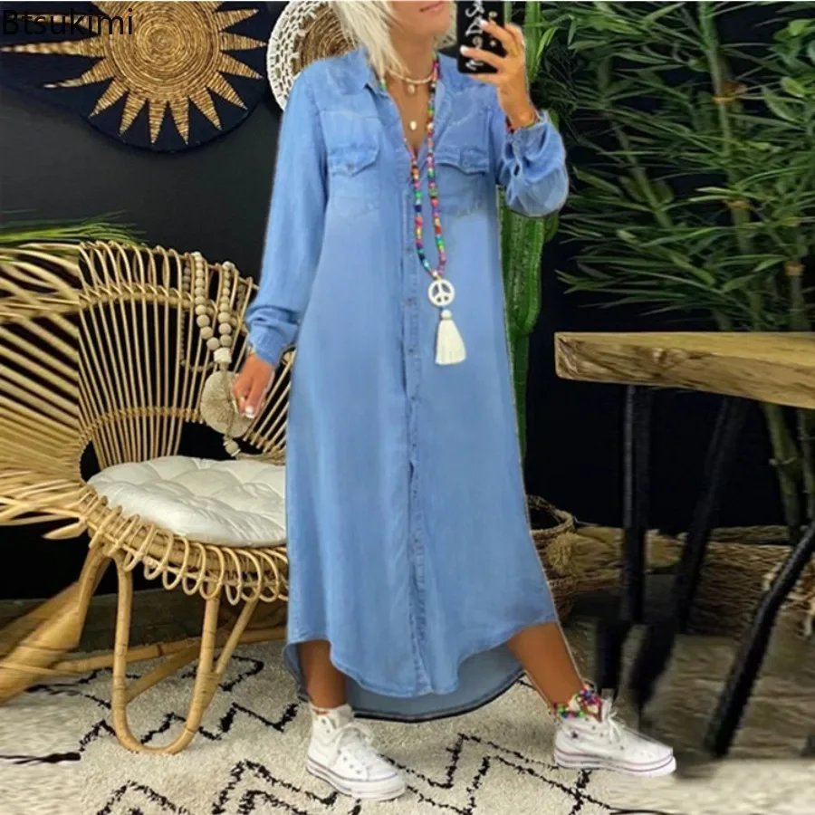 Robe en jean bleue à manches longues pour femmes, élégante, décontractée, mode vacances, printemps-automne, 2026