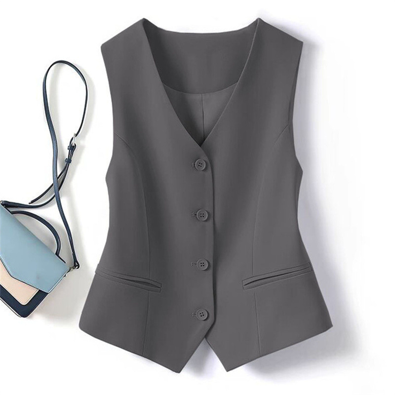 Gilet Femme 2026 Nouvelle Collection Printemps-Automne Coupe Ajustée Couleur Unie Col V Poches Gilet Court Vêtements Femme
