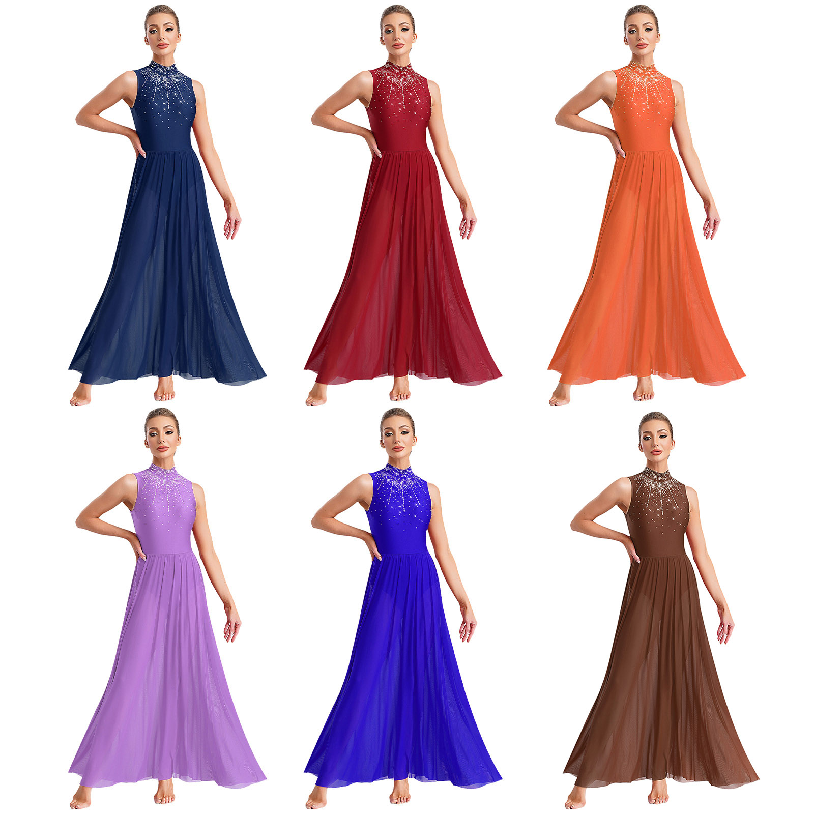 Robes de danse lyrique pour femmes, col montant, ourlet large, strass brillants, robe Maxi sans manches, robes justaucorps contemporaines modernes