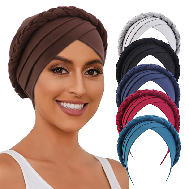 Femmes musulmanes tresse élastique Turban Hijab bandeau chimio foulard couverture de cheveux enveloppement islamique chapeaux