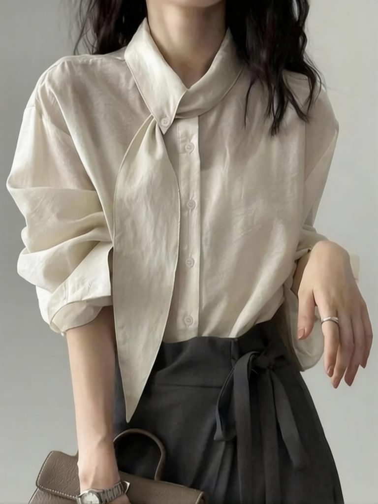 Chemise blanche élégante à col noué de style coréen pour femme, chemisier de travail de créateur à manches longues, chemisier décontracté basique à boutons, nouvelle collection printemps