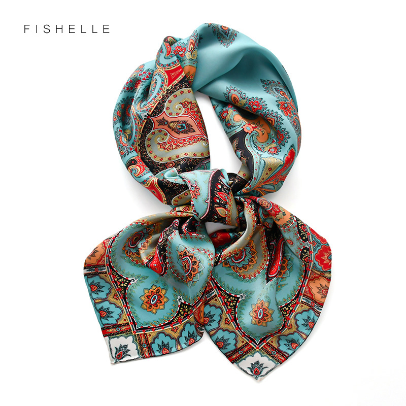 Écharpe en soie satinée naturelle bleu paon 110 cm, grand bandana carré imprimé, 100% soie pure, écharpe de luxe pour femme, cadeau pour dame.