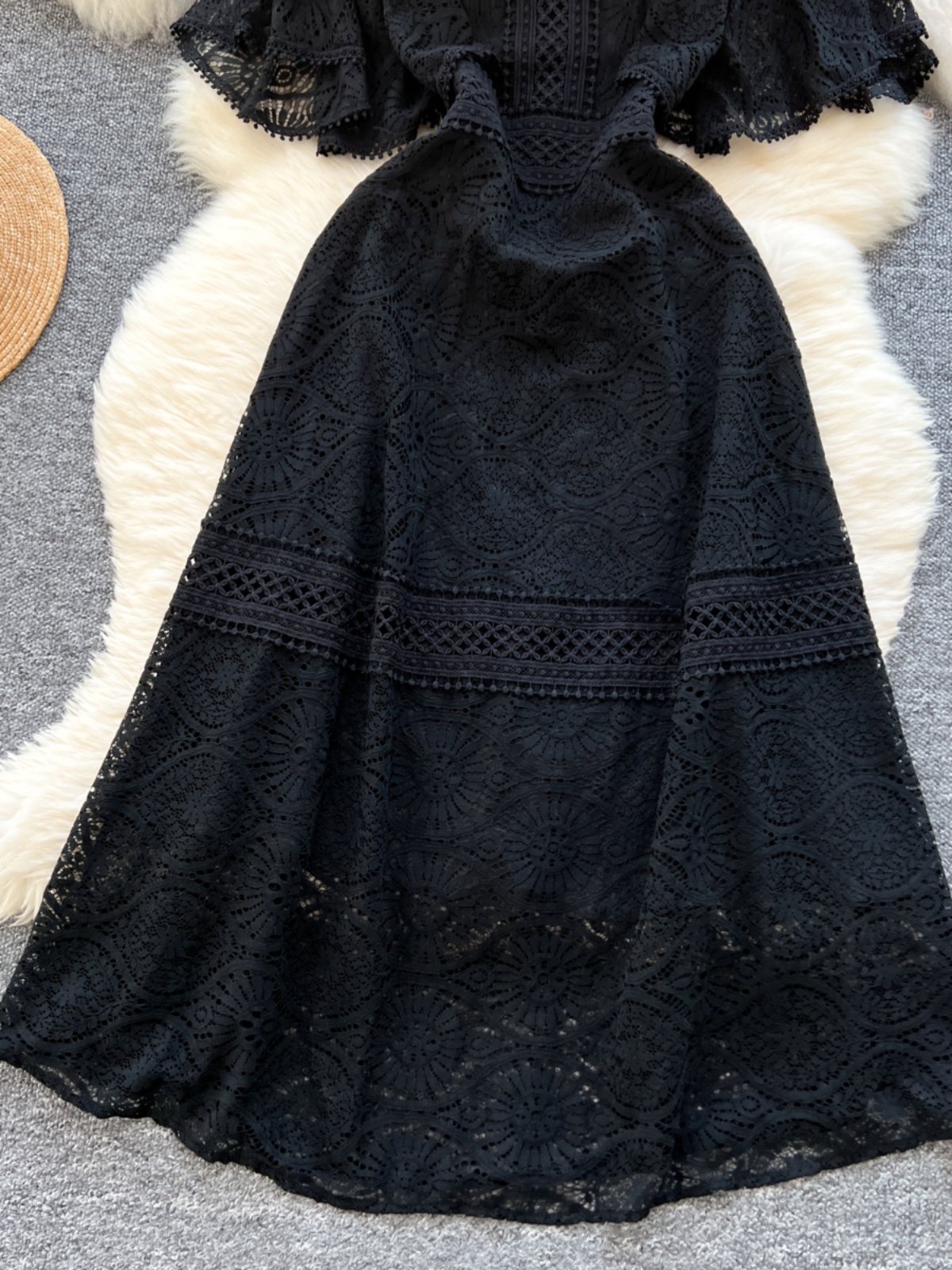 Femmes Vintage Robe noire été creux broderie taille haute dentelle robes de soirée dames solide casual élégant longue Robe
