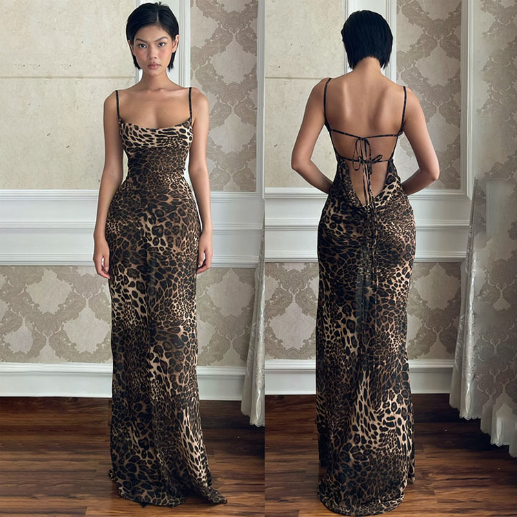 Robe longue moulante à imprimé léopard pour femmes, tempérament confortable, sans manches, à lacets, dos nu, col licou, volants, vacances