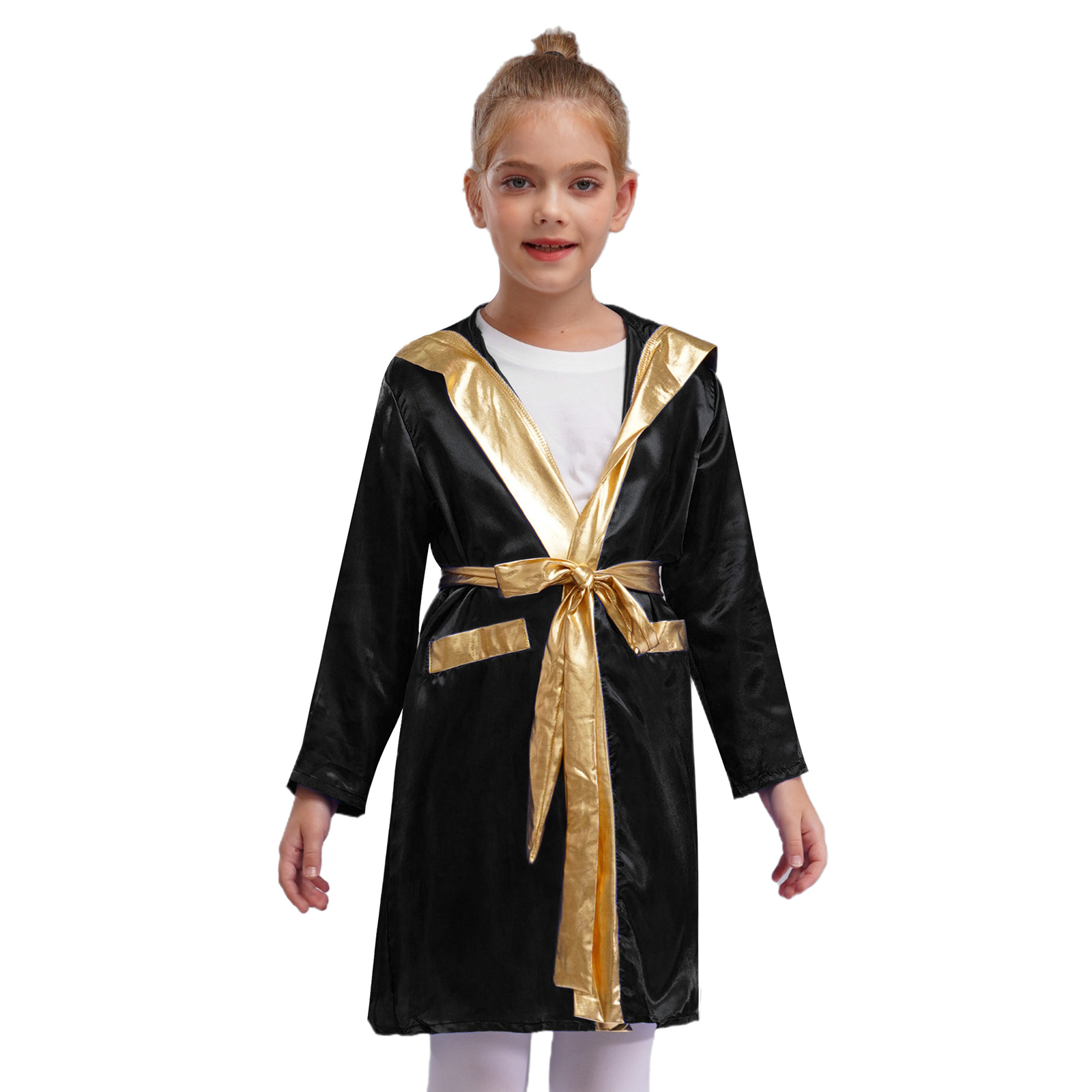 Robe de boxe en Satin pour filles et garçons, cape à capuche, manches longues, ouverte sur le devant, Robe de Kickboxing, uniforme de jogging thaïlandais de combat, fête d'halloween