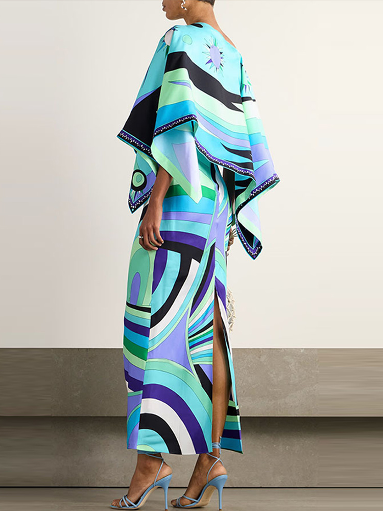 Ensemble Robe Imprimée Femme Deux Pièces Tenue de Vacances Cape Châle Haut Robes Longues Effet Soie Coordonné Plage Vêtements d'Été Femme