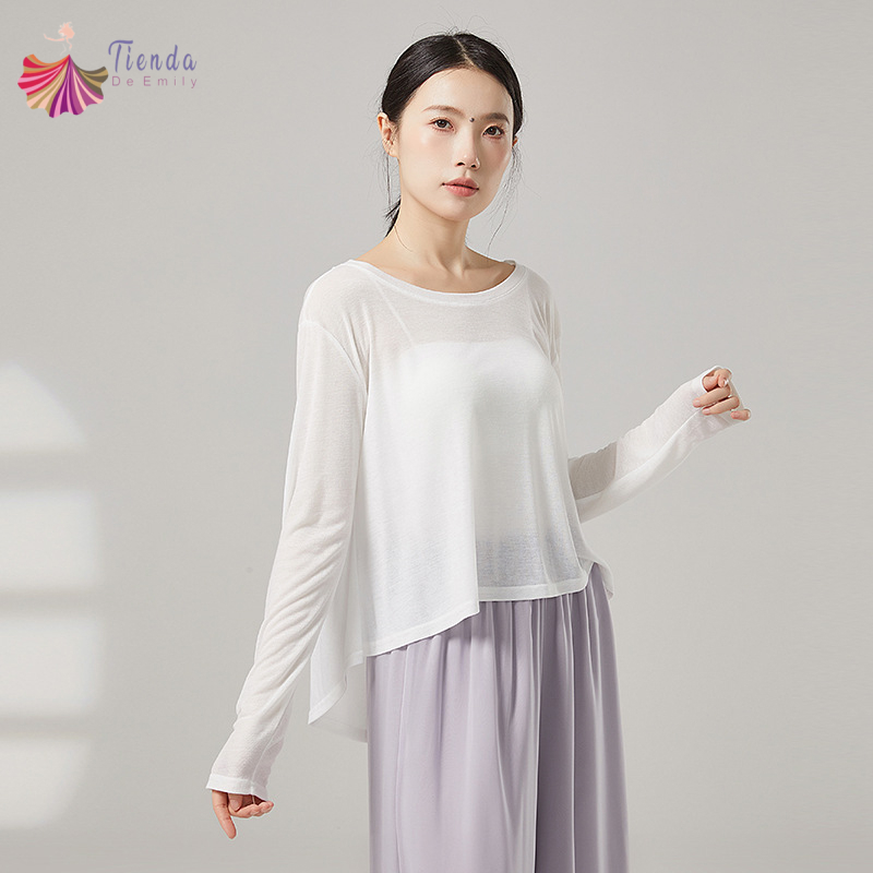 Haut de danse moderne pour femmes, chemise blouse ample à manches longues, col rond, ourlets inégaux, tenues décontractées, vêtements de pratique classique de Yoga