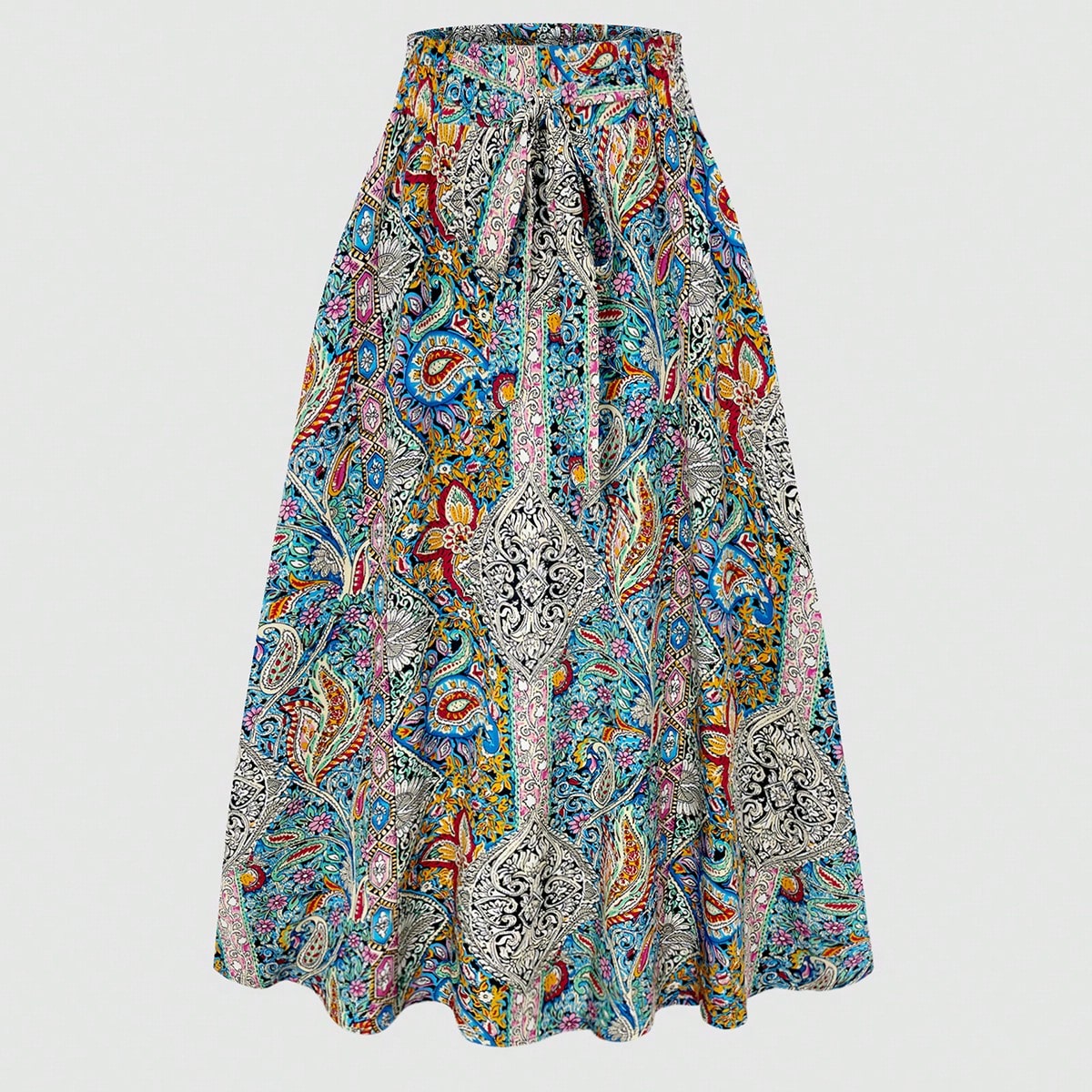 Jupe midi bohème à imprimé paisley pour femmes, taille haute, élastique, coupe A, longue et fluide, style vintage d'été