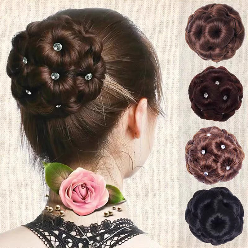 Chignon synthétique avec strass colorés et brillants pour femme, pince à cheveux en forme de bourgeon, pince à queue de cheval réaliste, outils de coiffure