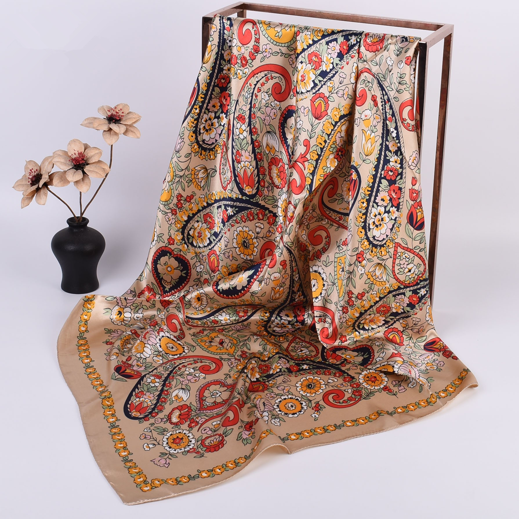 Foulard carré en soie pour femme 90x90cm, grande écharpe de luxe de marque, bandana imprimé, bandeau, hijab, écharpes et foulards pour femmes