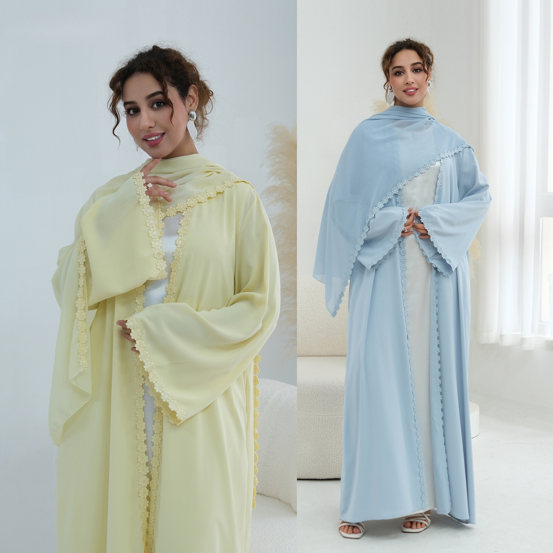 Abaya pour femmes, ensemble 2 pièces, robes en dentelle, hijab, jalabiya, cardigan musulman, robe, khimar, maroc, Dubaï, kaftan, Islam, vestidos