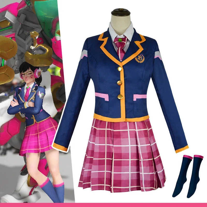 Costume de cosplay Song Hana, uniforme scolaire D.va JK pour femmes, ensemble haut, manteau et jupes, tenue d'Halloween Dva 3rd Party pour femmes