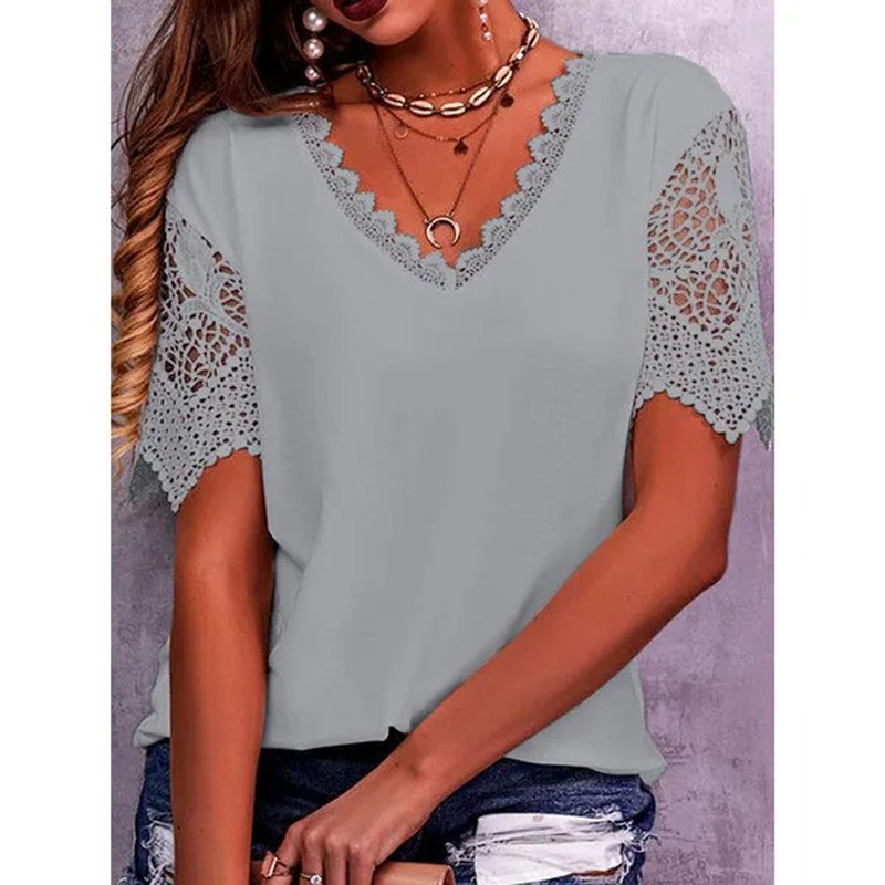 Vintage mode dentelle à la mode femmes t-shirts décontracté élégant Chic surdimensionné Blouses t-shirts couleur unie haut femmes vêtements