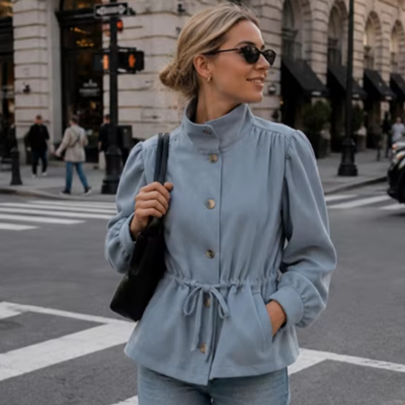 Manteau élégant pour femme, cintré, col montant, simple boutonnage, manches bouffantes, veste décontractée chic pour le quotidien et les trajets, nouvelle collection automne 2026