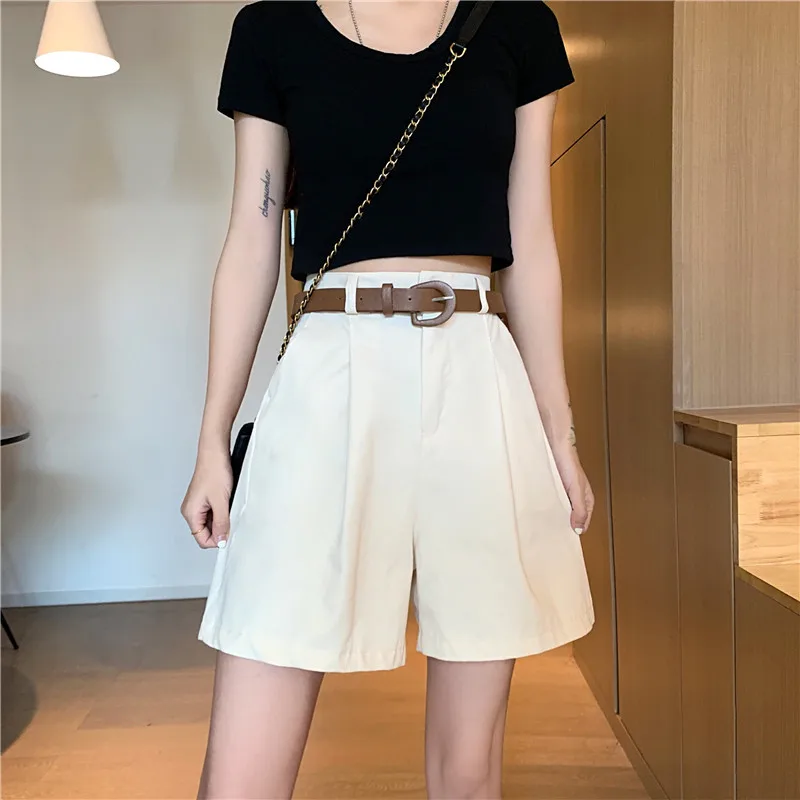 Shorts de travail pour femmes, taille haute, été, coupe large, avec ceinture, kaki, décontracté, en coton, style coréen, uni, avec poches