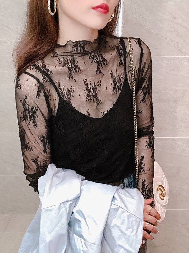 Été femmes dentelle broderie florale Blouses chemise dames hauts Sexy maille Blouses Transparent élégant Transparent chemise noire