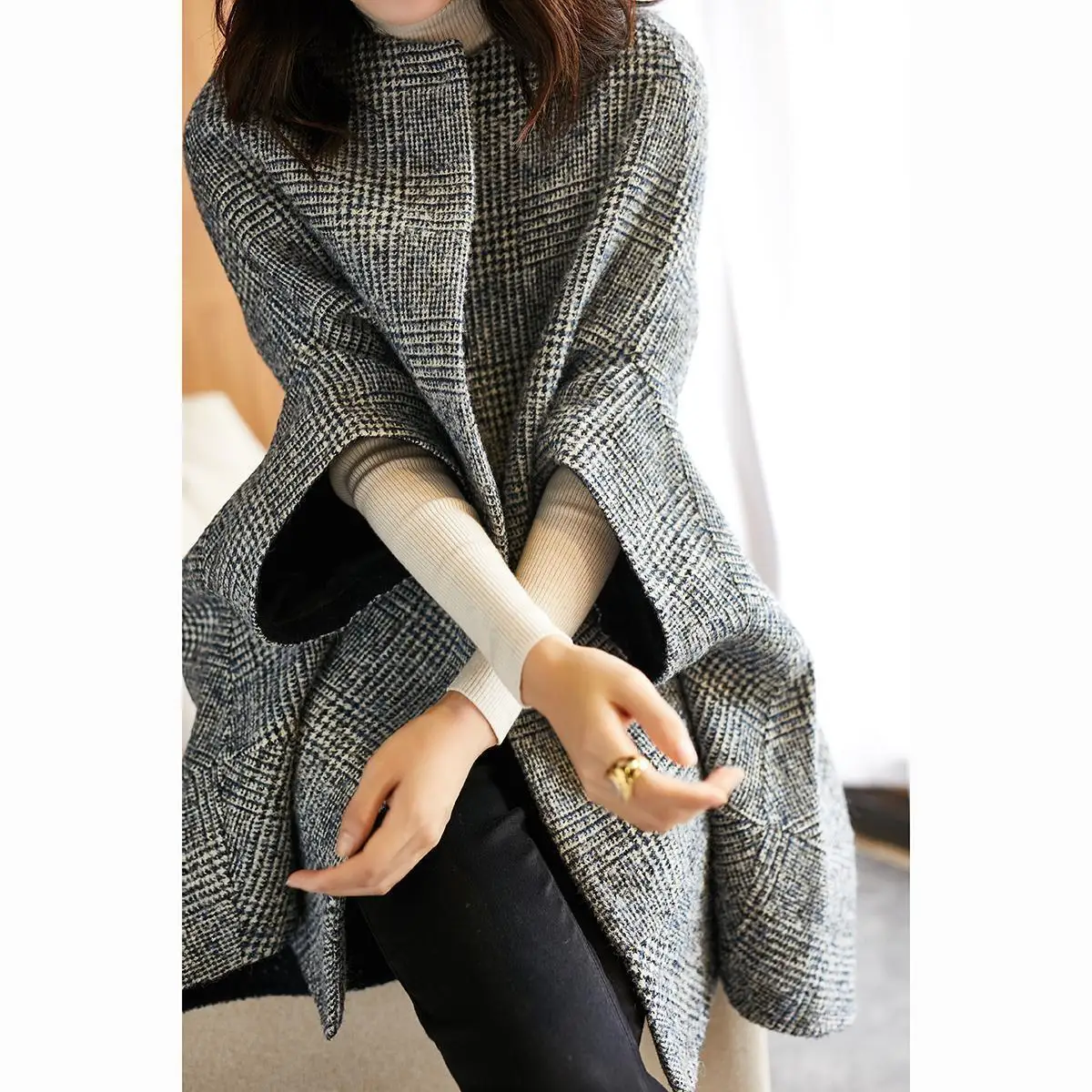 Cardigan mi-long à carreaux à col rond pour femmes, optique coréenne, mélange de laine, point ouvert, manches longues, décontracté, automne, hiver, 2023