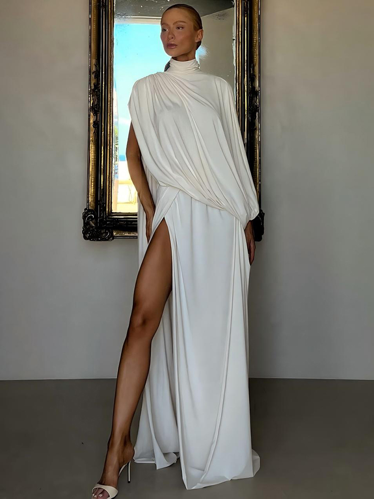 Kliou – ensemble 2 pièces élégant pour femmes, col roulé, ourlet asymétrique, une manche, haut froncé + jupe à taille élastique, tenues de Style grec