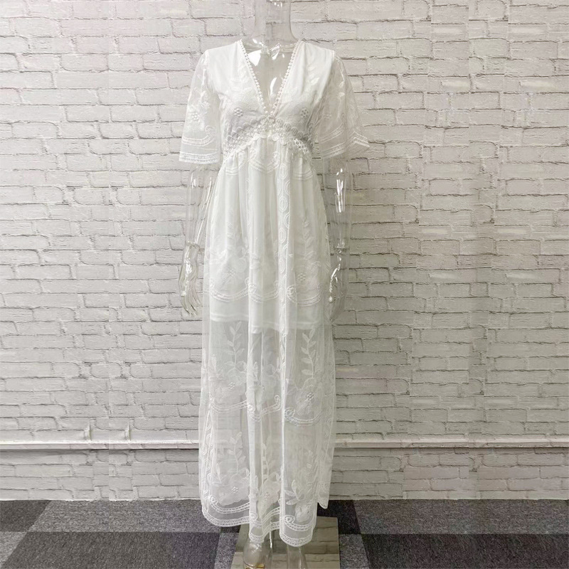 Robe longue en dentelle 2025, élégante, à taille décorée, manches courtes, col en V, couleur unie, nouvelle collection été, jupe tendance pour femmes.